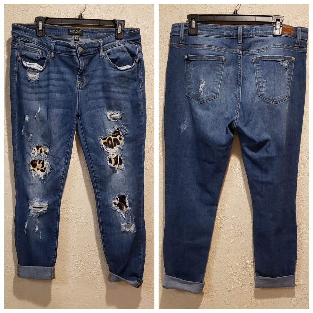 Judy Blue Size 15/32 Stretchy Skinny Fit Distressed Cheetah Leopard Patch Jeans